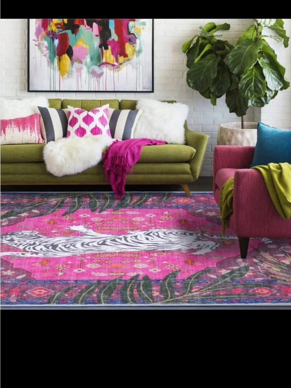 Vibrant Pink Floral Area Rug with White Tiger Motif